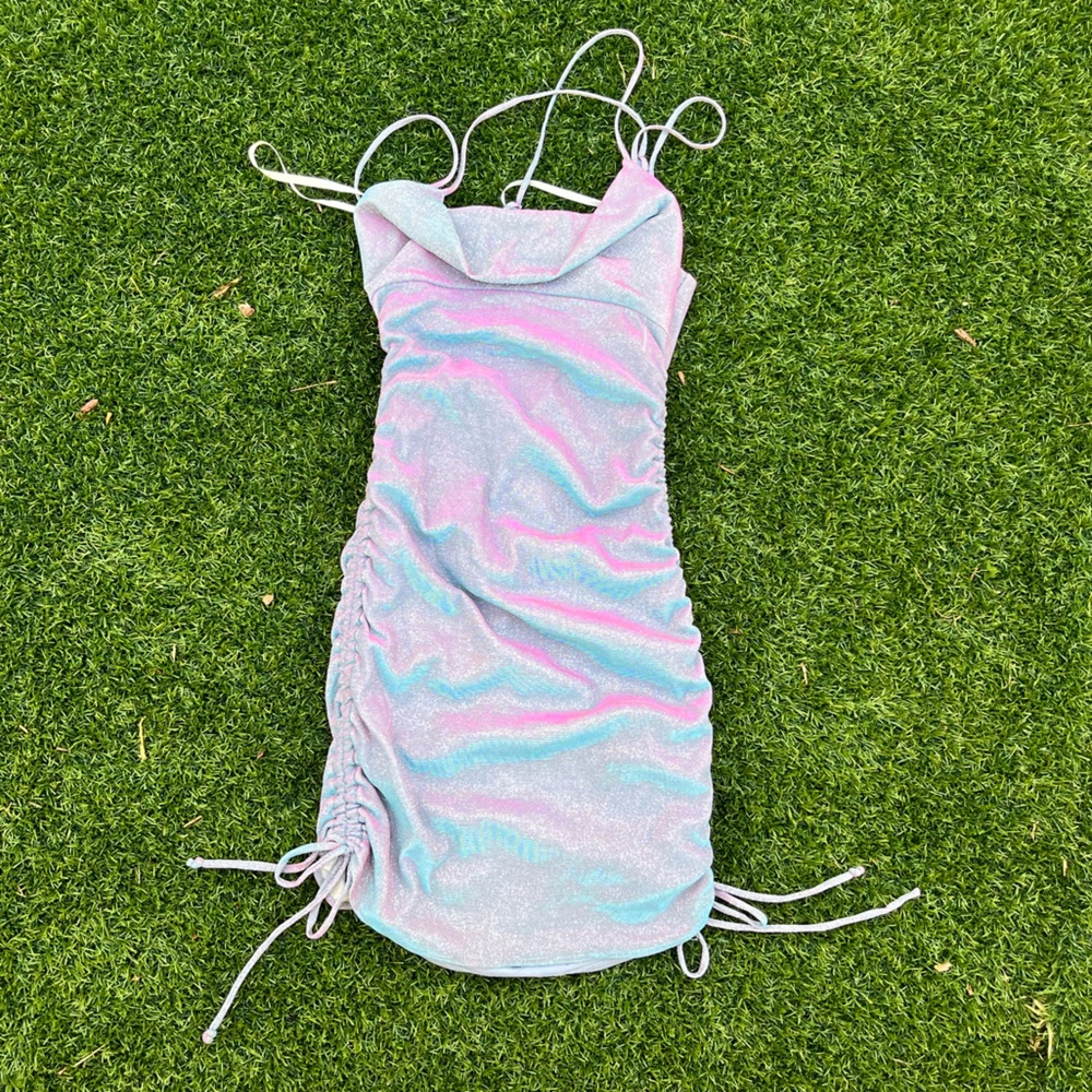 Metallic Shine Cowl Neck Shirred Drawstring Side Dress